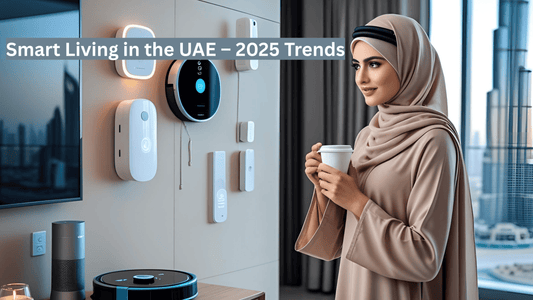 Modern smart home interior in the UAE with smart devices like speakers, lights, and robot vacuum – showcasing 2025 lifestyle trends