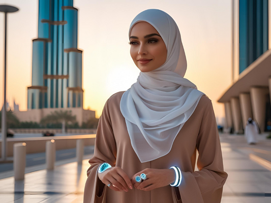 A stylish Emirati woman wearing smart jewelry in a modern Dubai setting, showcasing the fusion of technology and fashion in 2025.